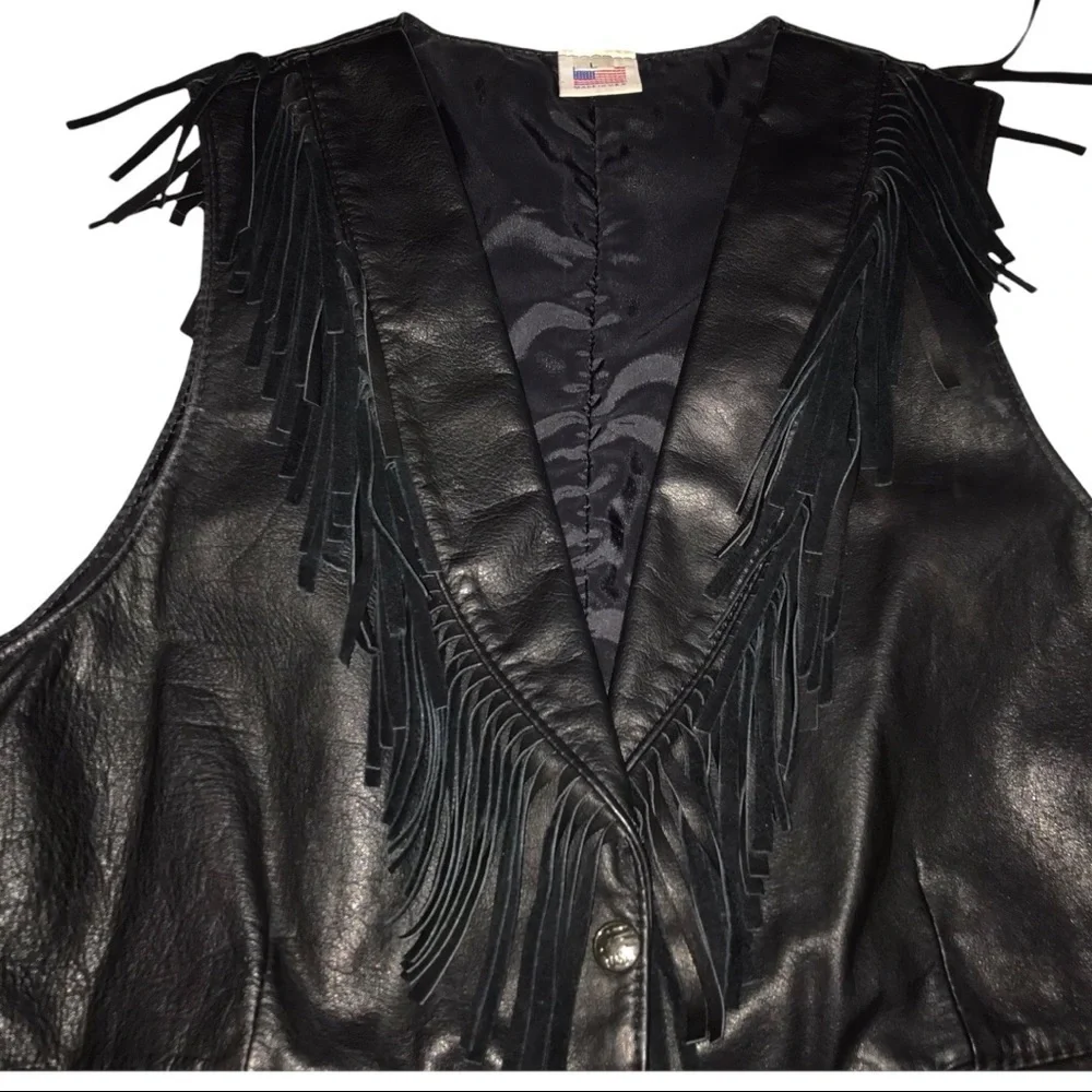Vintage Leather Western Style Fringed Vest Unisex USA Made Corset Cabochan Lge